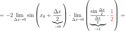 \dpi{120} =-2\lim_{\Delta x\rightarrow 0}\sin \left ( x_{0}+\underset{\rightarrow 0}{\underbrace{\frac{\Delta x}{2}}} \right )\cdot \lim_{\Delta x\rightarrow 0}\left (\underset{\rightarrow 1}{\underbrace{\frac{\sin \frac{\Delta x}{2}}{\frac{\Delta x}{2}}}}\cdot {\color{Red} \frac{1}{2}} \right ) =